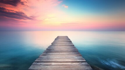 Fototapeta premium A serene wooden pier extending into a calm sea under a colorful sunset sky.