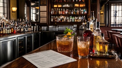 A stylish bar scene featuring drinks and a menu on the counter.
