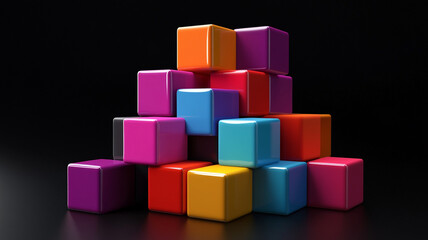 Fototapeta premium Colorful building blocks stacked on a black surface creating a vibrant structure with sharp angles