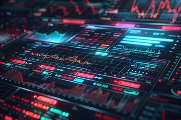 Fototapeta premium Futuristic interface with AI-driven stock market analysis, emphasizing innovative financial tools and real-time charts