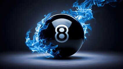 Magic eight ball in blue flames. A striking image featuring a black billiard ball with the number eight engulfed in mystical blue fire on a dark background.