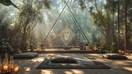 A tranquil space where mystic rituals are performed, surrounded by nature and sacred geometry,