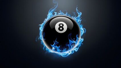 Magic eight ball in blue flames. A striking image featuring a black billiard ball with the number eight engulfed in mystical blue fire on a dark background.