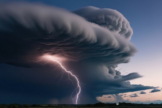 Dramatic Grey Storm Clouds Illuminated by Lightning in Evening Sky