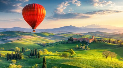 Fototapeta premium A vibrant hot air balloon soaring over lush green hills and a historic castle at sunset.