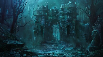 Old stone gate stands tall in a dark and mysterious forest. It seems to be inviting you to enter.