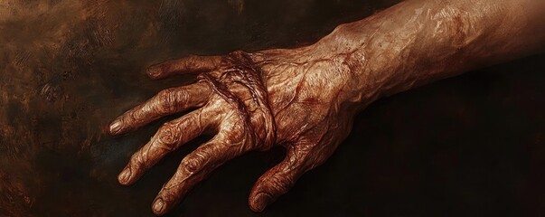 Fototapeta premium A close-up of a detailed hand with unique textures, showcasing skin features and artistic elements for creative projects.