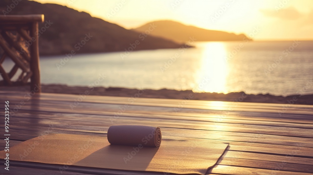 Canvas Prints A serene yoga mat on a wooden deck by the sea at sunset, inviting relaxation and mindfulness.