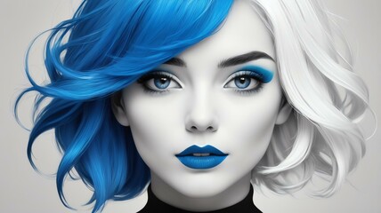 blue hair color in monochromatic face aesthetic background