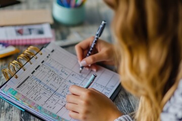 A student reviewing their class schedule and making notes in a planner, getting organized and ready for a successful semester