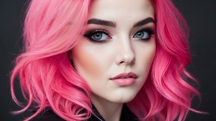 Naklejka premium vibrant pink hair color in monochromatic face aesthetic background