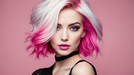 Naklejka premium vibrant pink hair color in monochromatic face aesthetic background