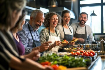 Middle-aged group in a cooking class, tasting their creations and discussing flavors with enthusiasm