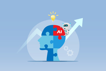 Implement of AI technology in business process develop smart solution and success development. AI jigsaw puzzle piece connecting in human head with growth graph and creative lightbulb. Vector. 
