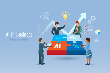 AI artificial intelligence in business collaboration. Work processes with AI to increase capacity for organization success and creative ideas.  Business team connect jigsaw puzzle pieces with AI.