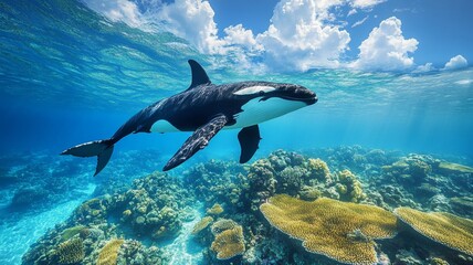 Obraz premium Orca Whale Swimming Over Coral Reef In Tropical Ocean