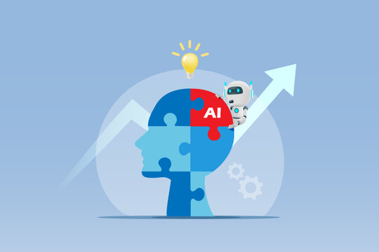Implement of AI technology in business process develop smart solution and success development. AI jigsaw puzzle piece connecting in human head with growth graph and creative lightbulb. Vector. 