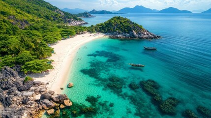 Fototapeta premium Aerial view of a Vietnamese beach, with turquoise water and vibrant coral reefs