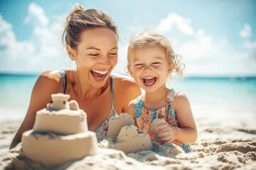 High-resolution brightly lit photorealistic candid photograph of a mother and child enjoying a sunny day at the beach, building sandcastles and laughing together. The photograph is styled like a
