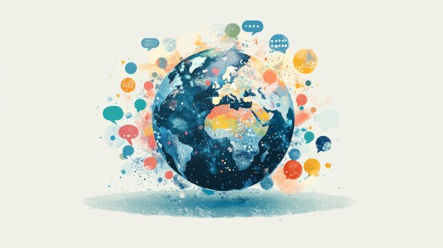 An illustration of a globe with speech bubbles in various languages, symbolizing linguistic diversity