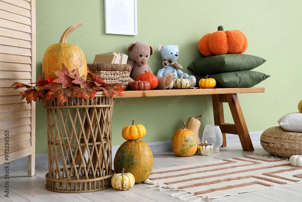 Sticker Toy bears with books and pumpkins on wooden bench near green wall in children's room