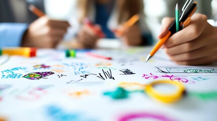 Business team sitting around a table covered in colorful sketches and graphs, creative planning, business strategy development