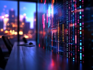 Obraz premium Futuristic office filled with holographic business charts, data streams, and creative designs, hightech business, future of business innovation