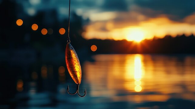 A fishing lure hangs above a tranquil lake at sunset, capturing the essence of leisure fishing.