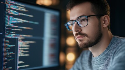 Fototapeta premium Intense Focus: A Developer Analyzing Complex AI Algorithms in Candles' Glow and Code