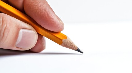 A hand holding an orange pencil poised over a blank sheet of paper.