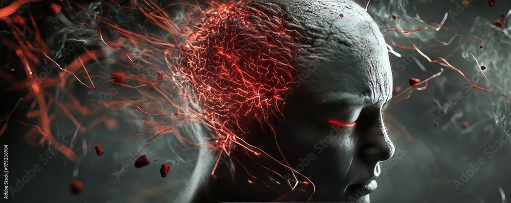 Poster an abstract representation of a human head, showcasing energy and creativity through vivid colors an