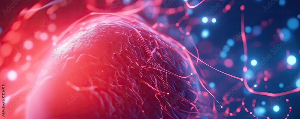 Poster a colorful abstract representation of a cell, featuring vibrant textures and glowing elements agains