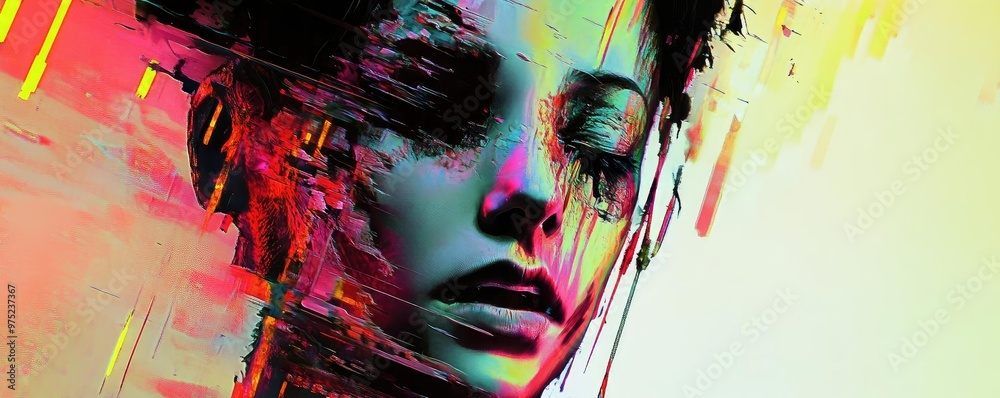 Poster an abstract portrait showcasing vibrant colors and emotional expression, blending art and human form