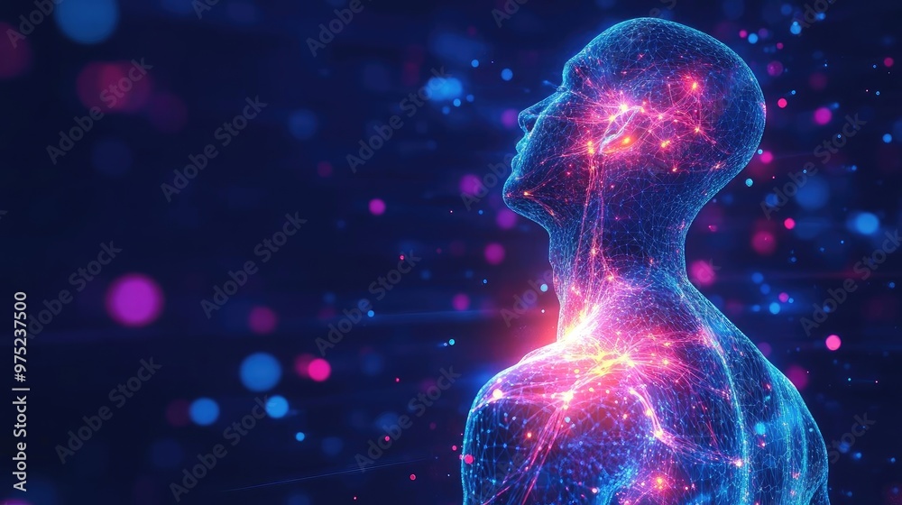 Poster abstract representation of a human figure illuminated with vibrant colors and cosmic effects, symbol