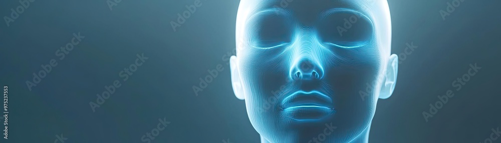 Poster a futuristic blue holographic mannequin head, representing advanced technology and innovation in des