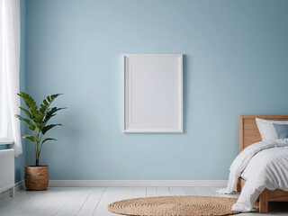 White frame leaning on pale blue wall in airy bedroom