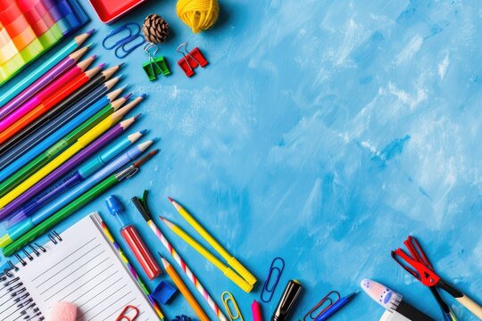 School supplies arranged on a blue background, back to school theme with ample copy space for text