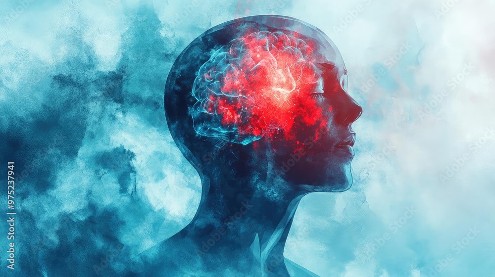 Poster Abstract representation of a human head with a glowing brain, symbolizing creativity, intelligence, and the power of thought.