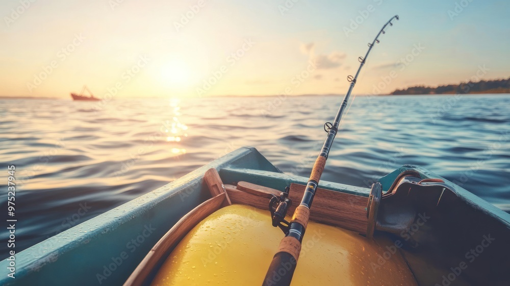 Canvas Prints A fishing rod resting on a boat, with a serene sunset over calm waters.