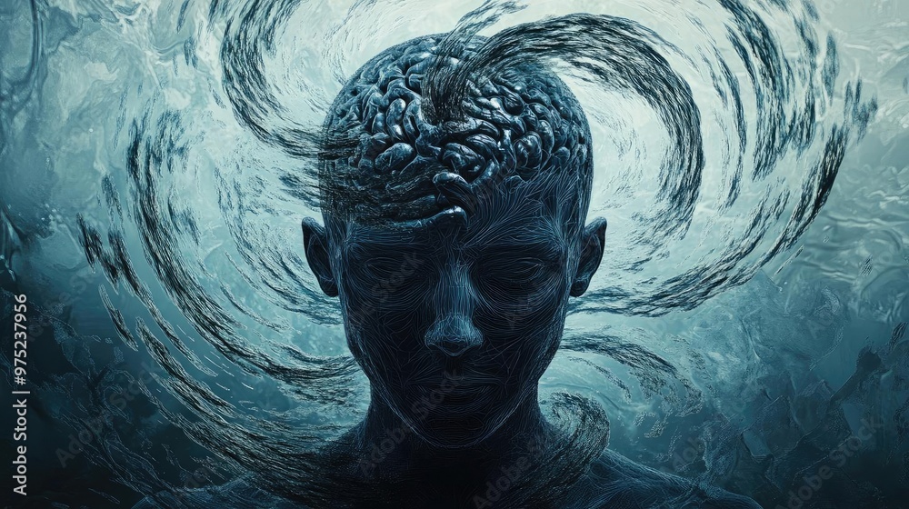 Poster A surreal depiction of a human head with swirling brain patterns, representing the flow of thoughts and creativity.