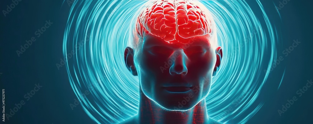 Poster a digital representation of a human head with a glowing brain, symbolizing thought, intelligence, an