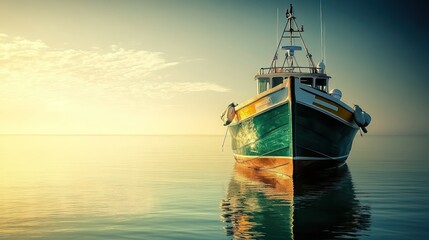 A serene boat floats on calm waters, reflecting the warm hues of sunrise.