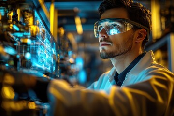 Very realistic and photographic photo of an engineer focused on a holographic display in a state-of-the-art electric vehicle manufacturing plant. The scene is illuminated by metallic golds and deep