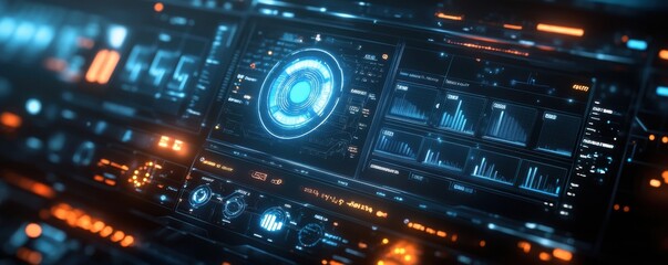 Naklejka premium Futuristic AI-Driven eCommerce Dashboard with Glowing Graphs and Metallic Textures