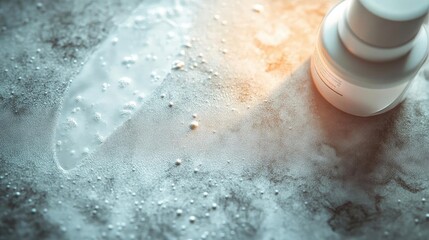 Fototapeta premium A close-up view of a skincare product on a textured surface, showcasing droplets and a gentle light effect.