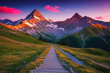 Stunning Mountain Trail Artwork with Bright Color Enhancements for Home Decor