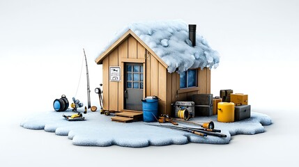 A winter ice fishing shack is equipped with all the necessary gear for a cold adventure.