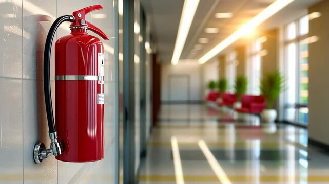 Essential fire safety equipment on display in a modern office hallway during daylight hours