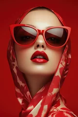 Red Headed Woman Wearing Red Sunglasses with Floral Accent. © diowcnx