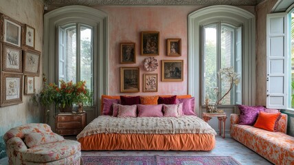 Cozy and vibrant living room with artistic decor and natural light.